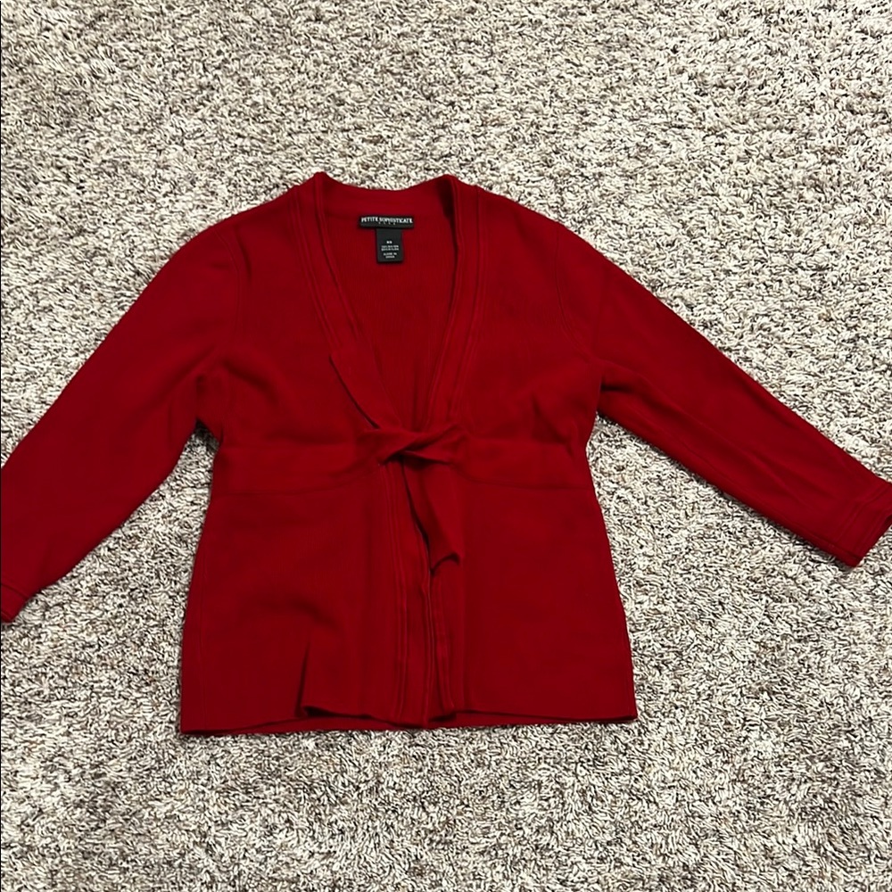 Petite Sophisticate Red Cardigan Sweater with Tie Waist